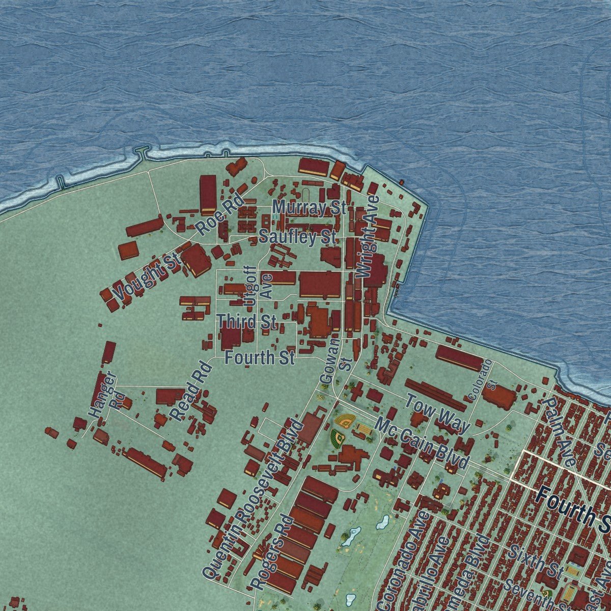 Second close-up of the map of Coronado, California print showing more streets and buildings