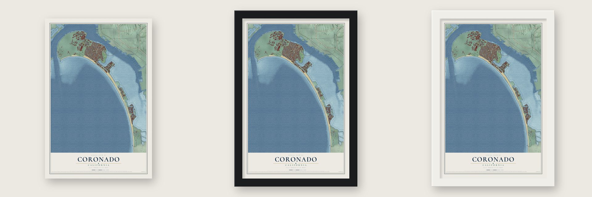 Coronado, California map unframed, in a black wood frame and in a white wood frame