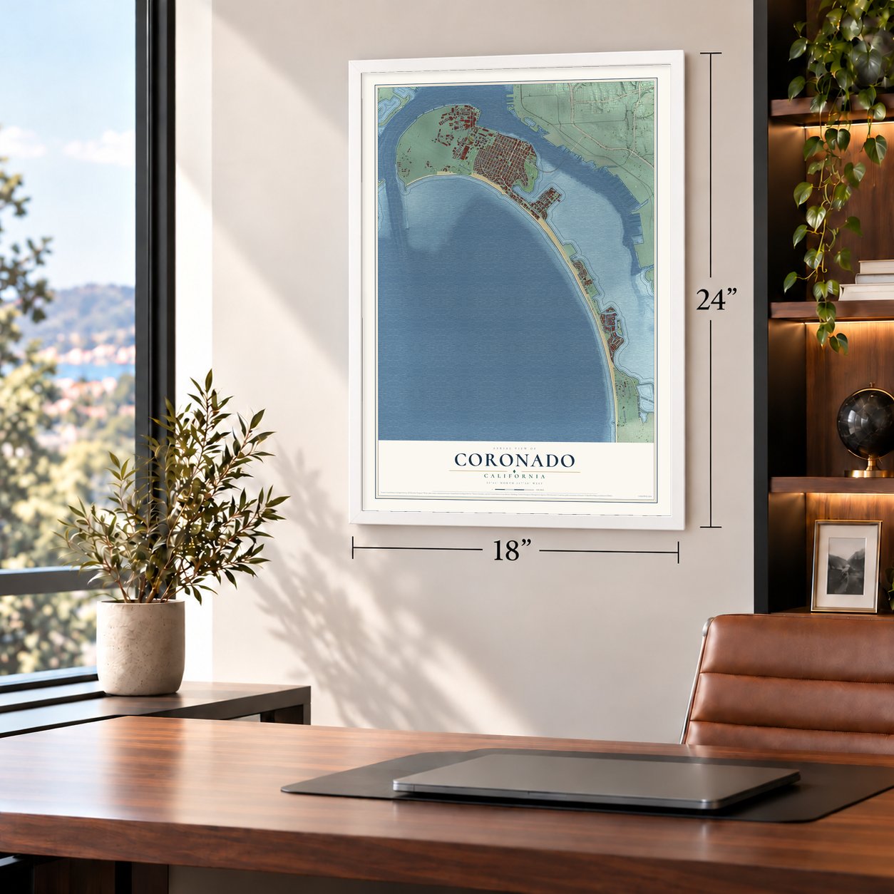 Coronado, California map, 18 x 24 inch print in a white frame in a home office