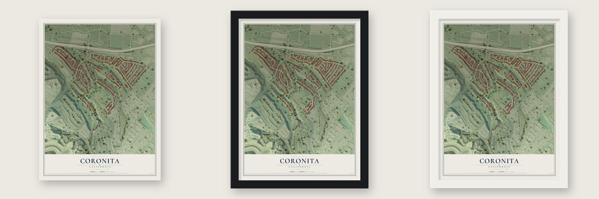 Coronita, California map unframed, in a black wood frame and in a white wood frame