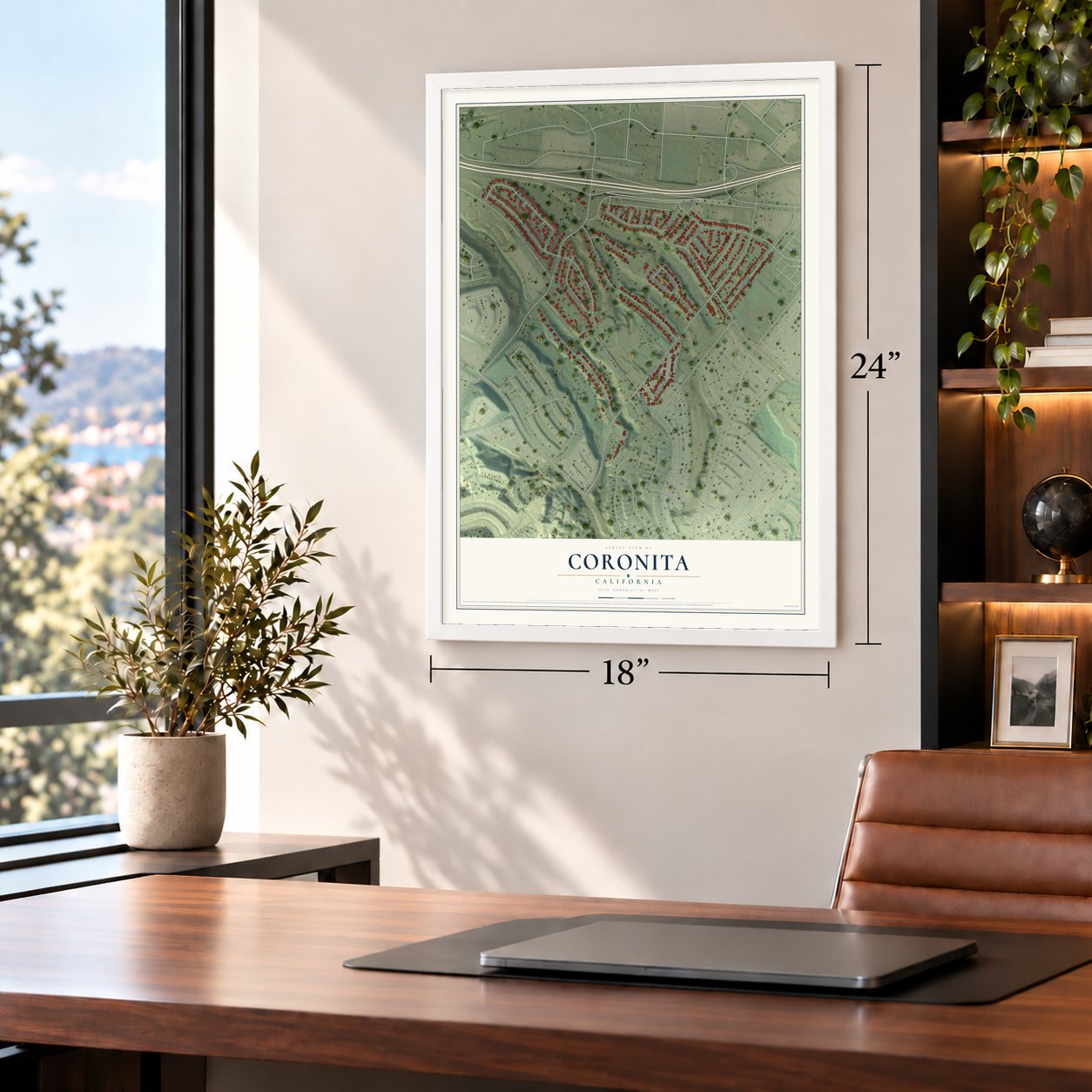 Coronita, California map, 18 x 24 inch print in a white frame in a home office