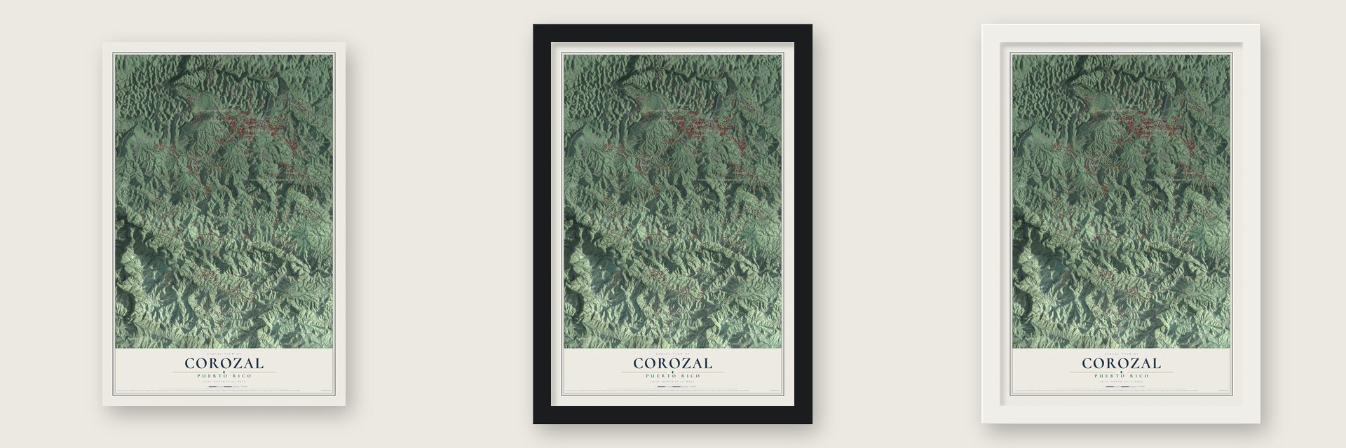 Corozal, Puerto Rico map unframed, in a black wood frame and in a white wood frame