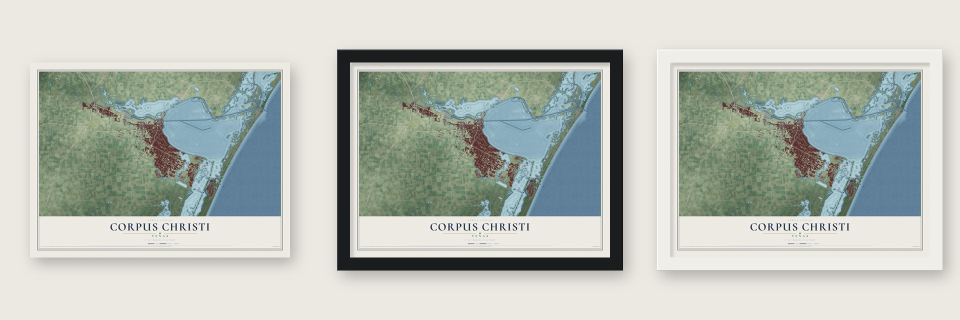 Corpus Christi, Texas map unframed, in a black wood frame and in a white wood frame