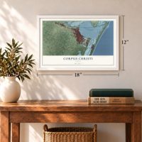 Corpus Christi, Texas map, 12 x 18 inch print in a white frame in an entryway