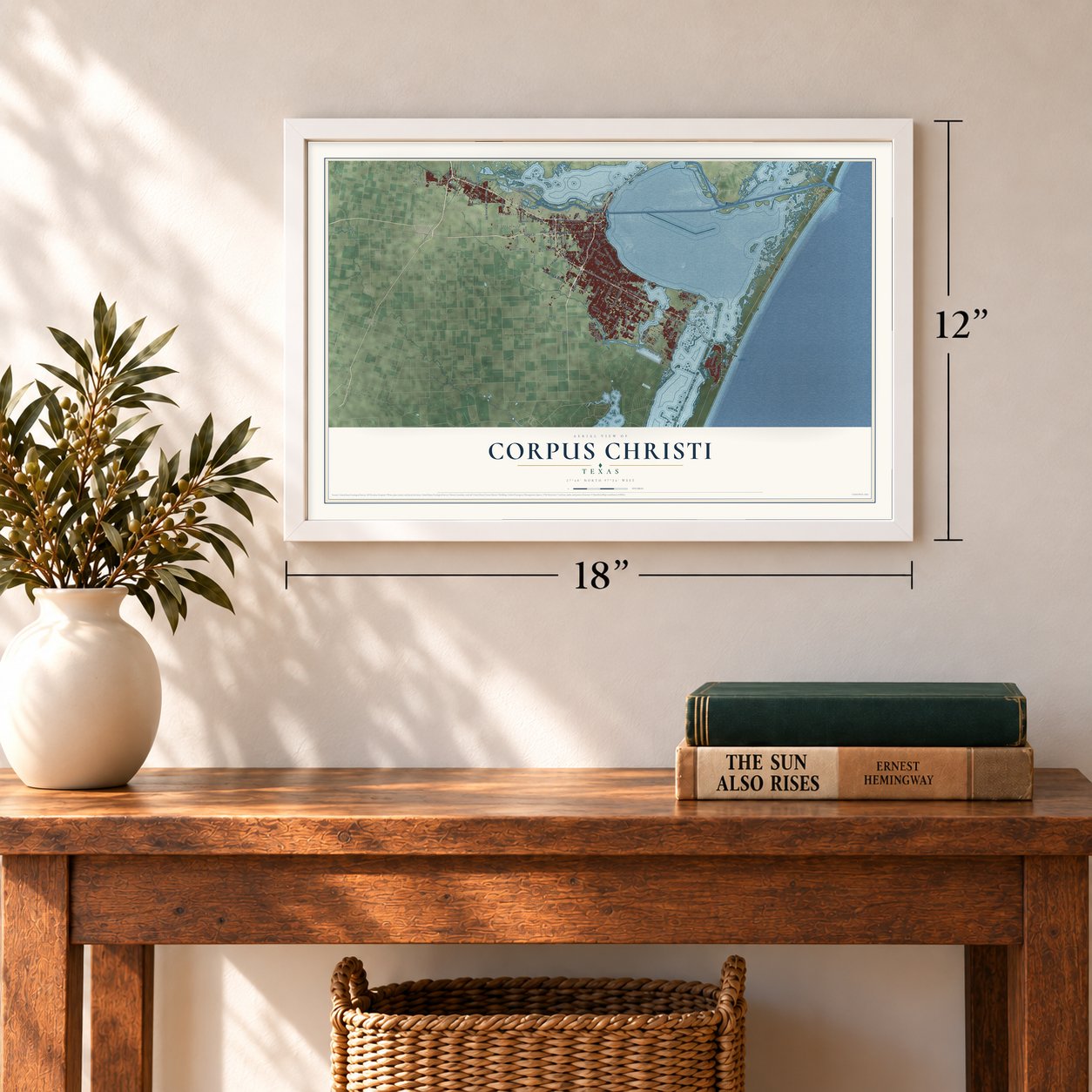 Corpus Christi, Texas map, 12 x 18 inch print in a white frame in an entryway
