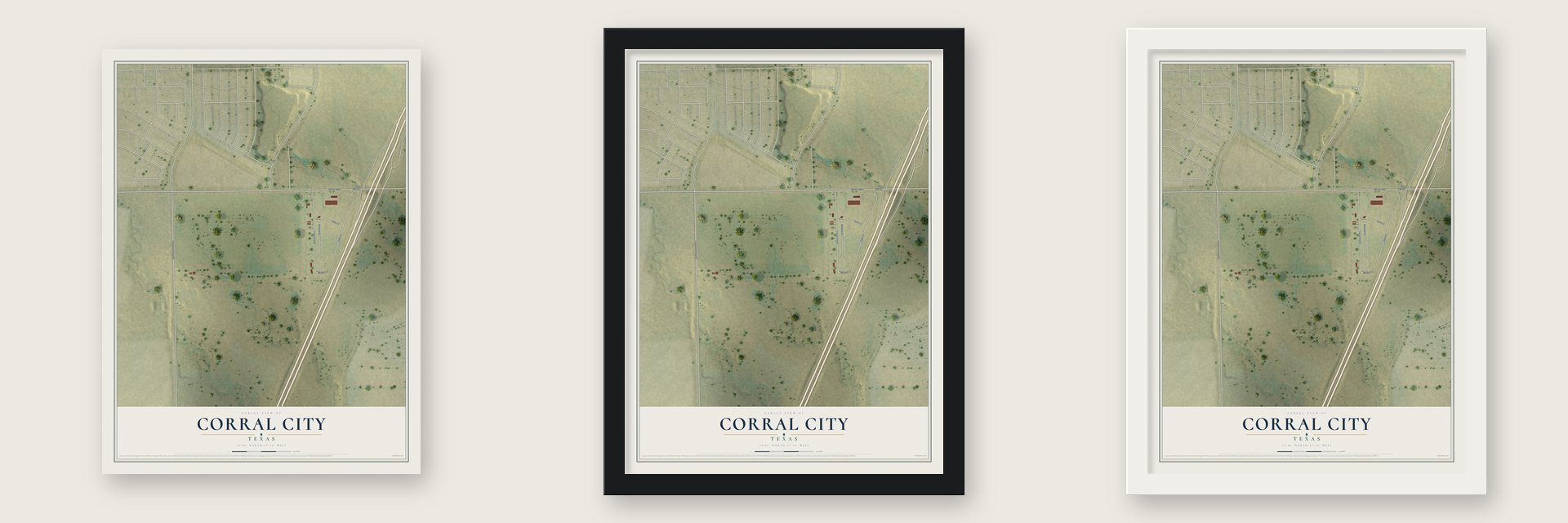 Corral City, Texas map unframed, in a black wood frame and in a white wood frame