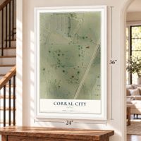 Corral City, Texas map, 24 x 36 inch print in a white frame by a staircase