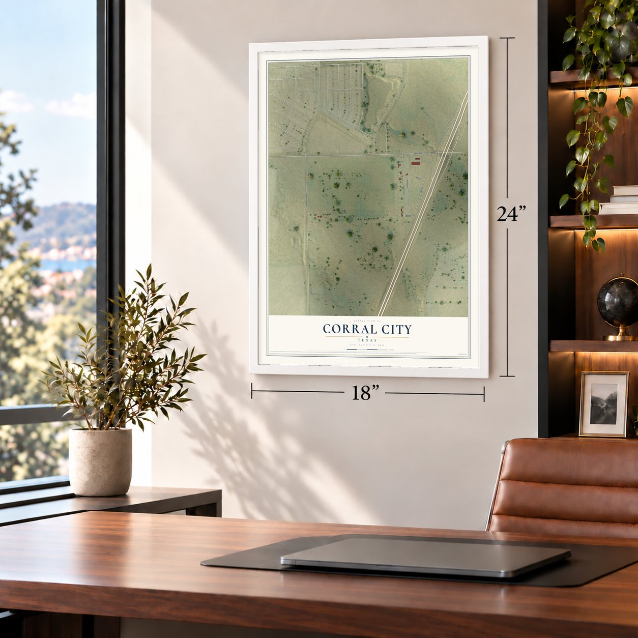 Corral City, Texas map, 18 x 24 inch print in a white frame in a home office