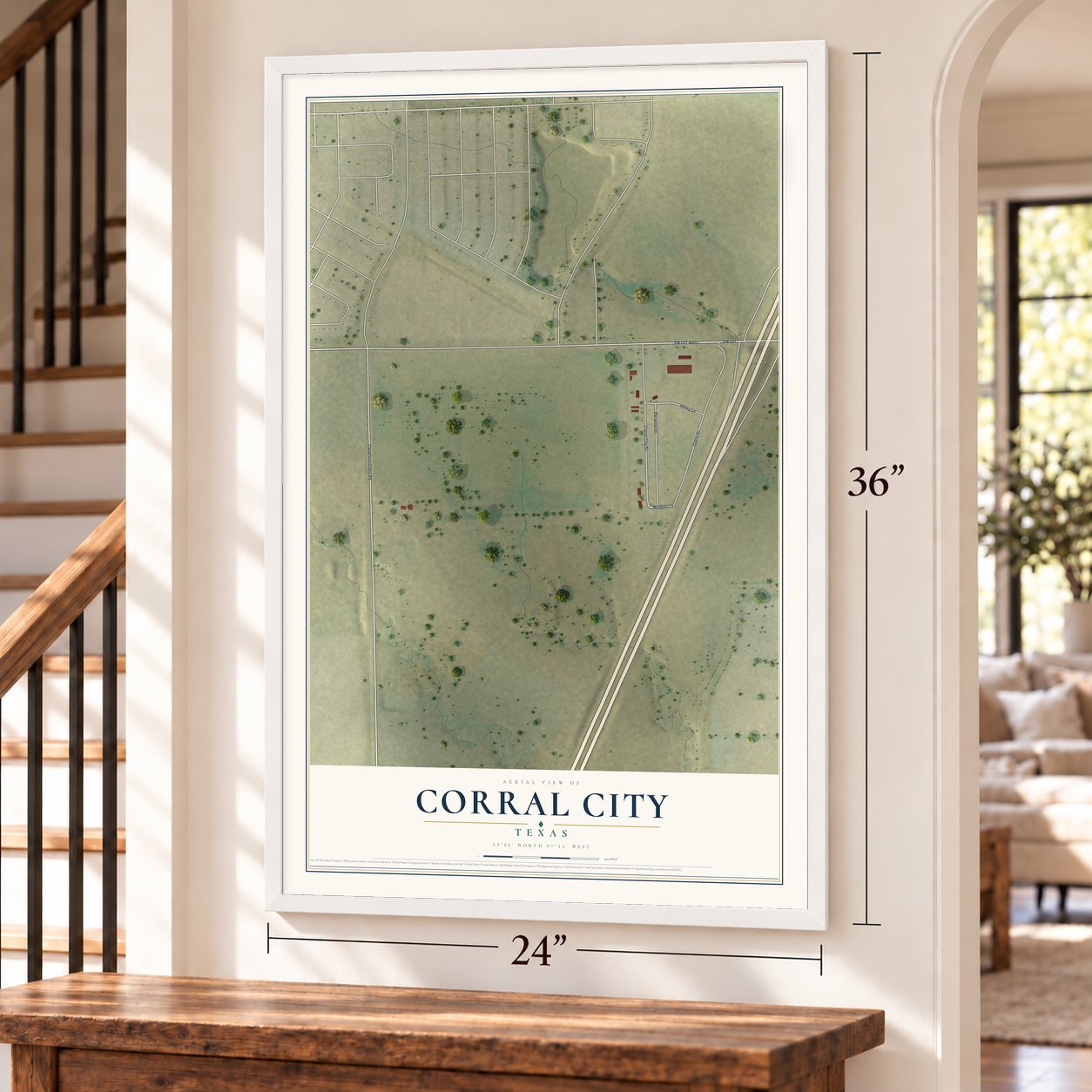 Corral City, Texas map, 24 x 36 inch print in a white frame by a staircase