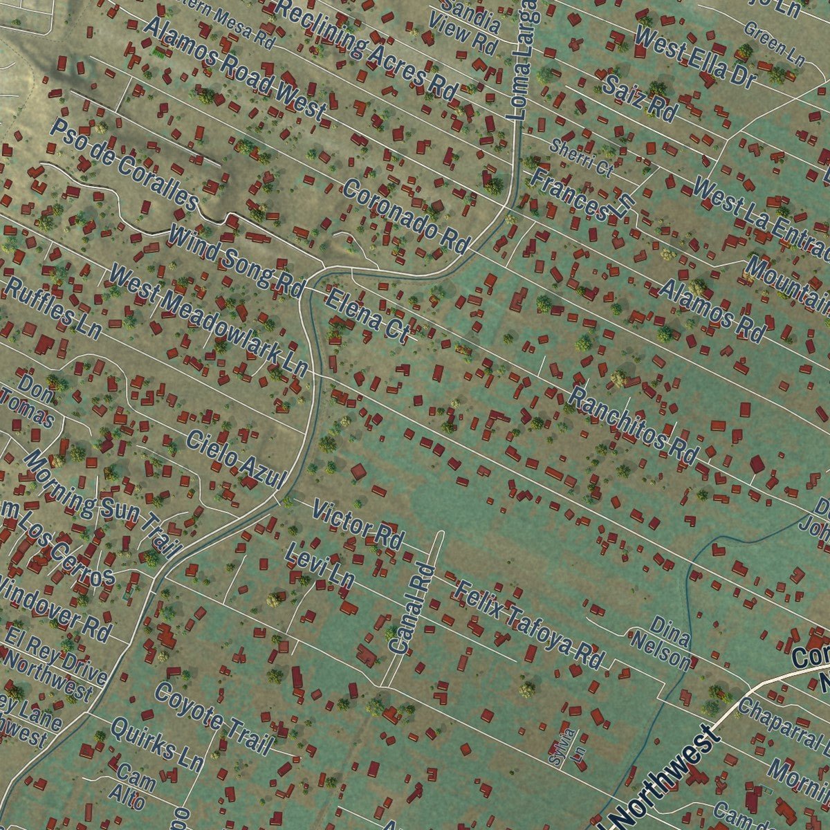 Second close-up of the map of Corrales, New Mexico print showing more streets and buildings