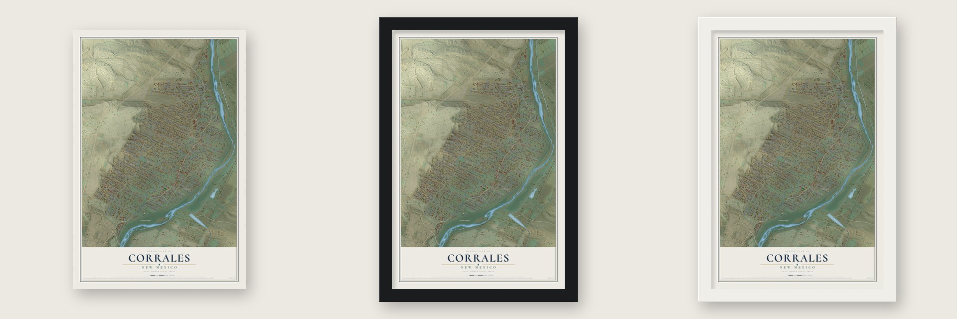 Corrales, New Mexico map unframed, in a black wood frame and in a white wood frame