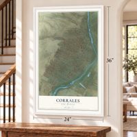 Corrales, New Mexico map, 24 x 36 inch print in a white frame by a staircase