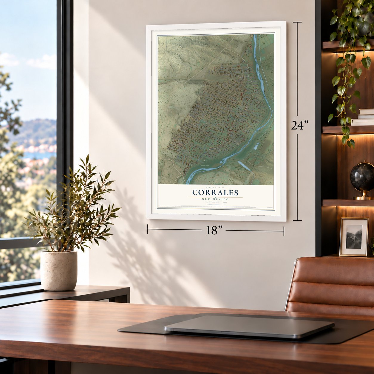 Corrales, New Mexico map, 18 x 24 inch print in a white frame in a home office