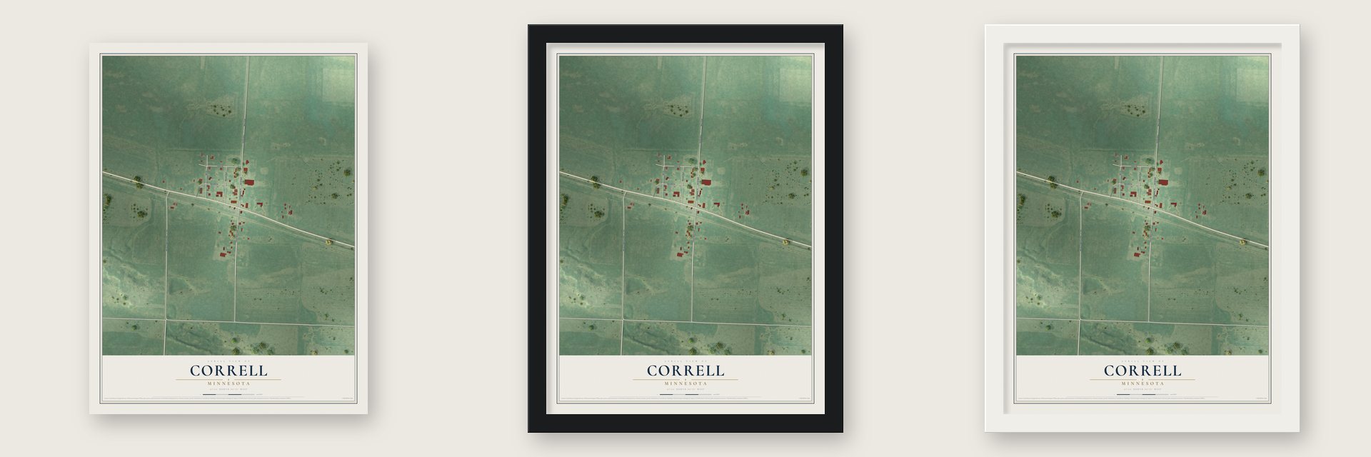 Correll, Minnesota map unframed, in a black wood frame and in a white wood frame