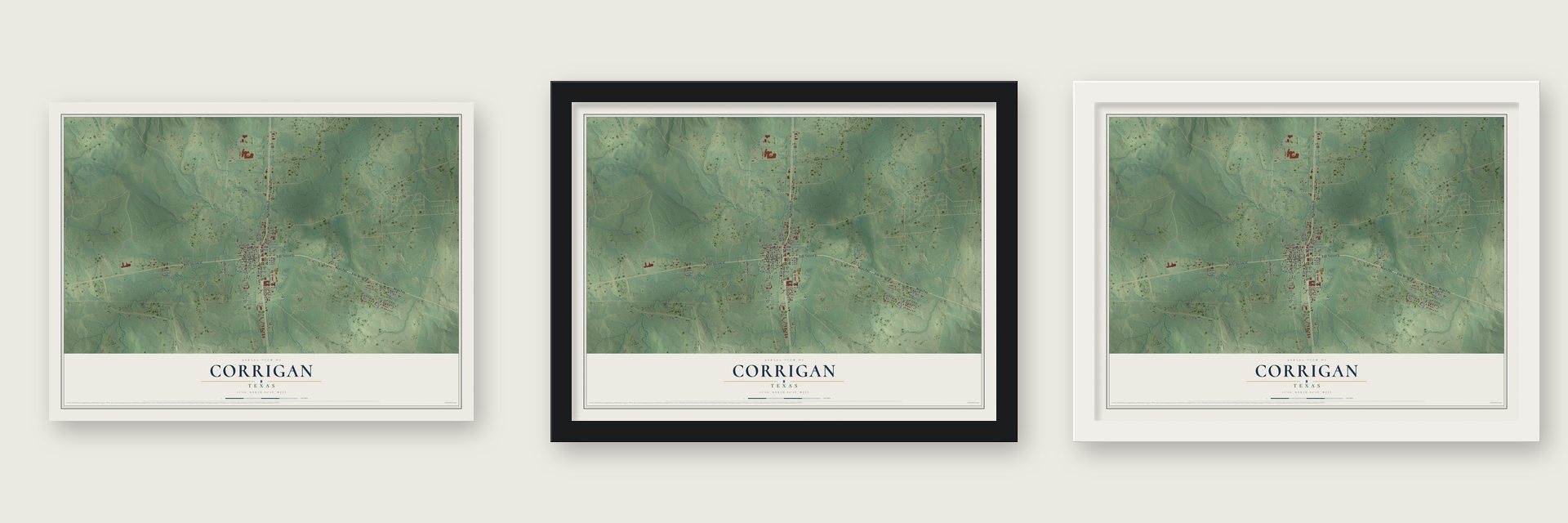 Corrigan, Texas map unframed, in a black wood frame and in a white wood frame