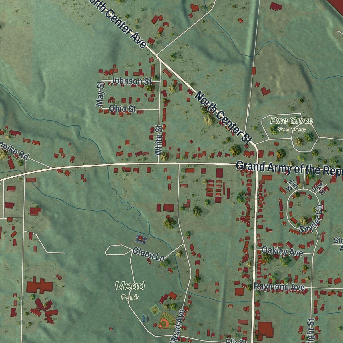 Second close-up of the map of Corry, Pennsylvania print showing more streets and buildings