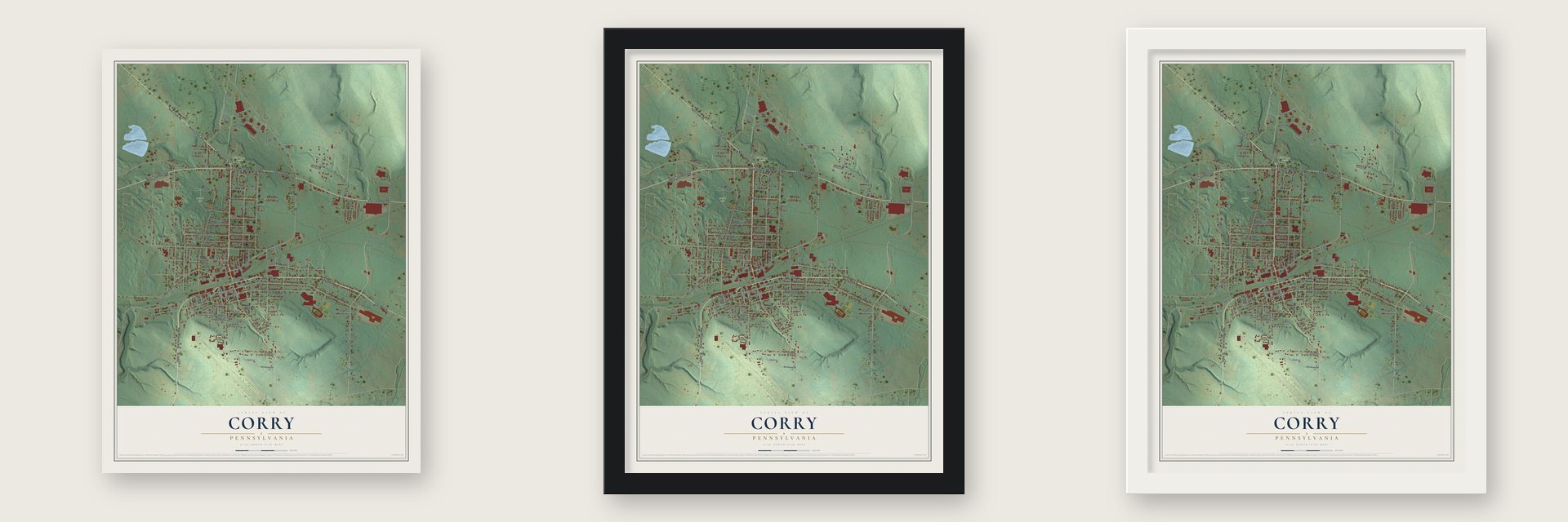 Corry, Pennsylvania map unframed, in a black wood frame and in a white wood frame