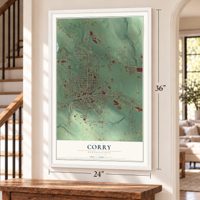 Corry, Pennsylvania map, 24 x 36 inch print in a white frame by a staircase