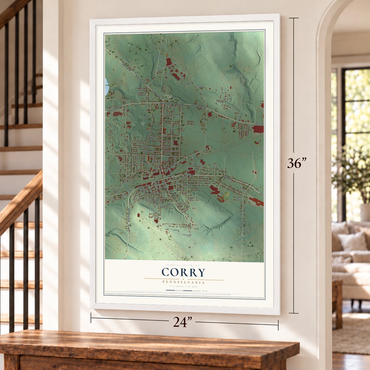 Corry, Pennsylvania map, 24 x 36 inch print in a white frame by a staircase