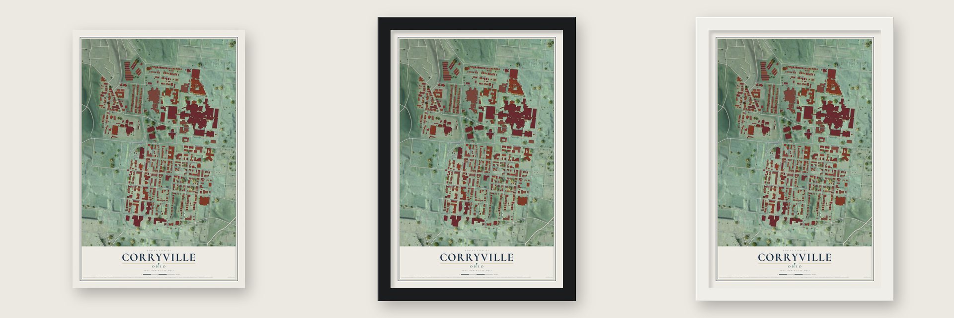 Corryville, Ohio map unframed, in a black wood frame and in a white wood frame
