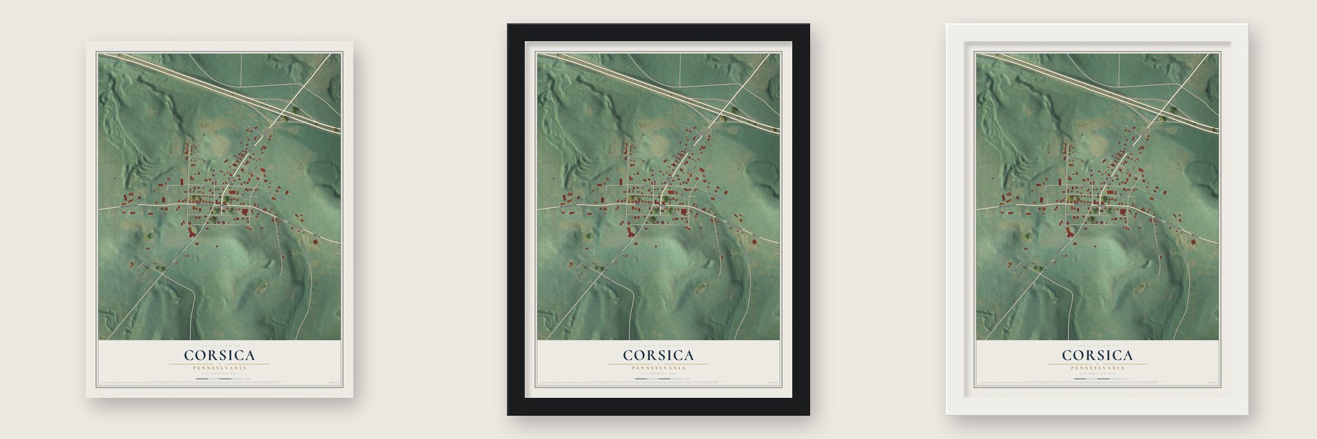 Corsica, Pennsylvania map unframed, in a black wood frame and in a white wood frame