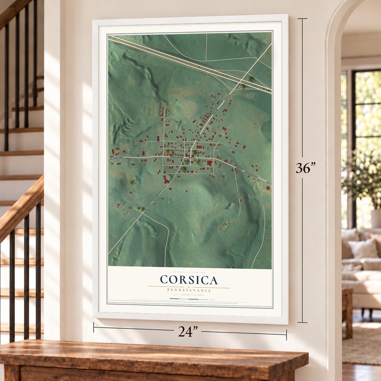 Corsica, Pennsylvania map, 24 x 36 inch print in a white frame by a staircase
