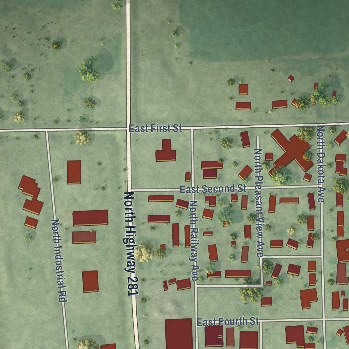 Second close-up of the map of Corsica, South Dakota print showing more streets and buildings
