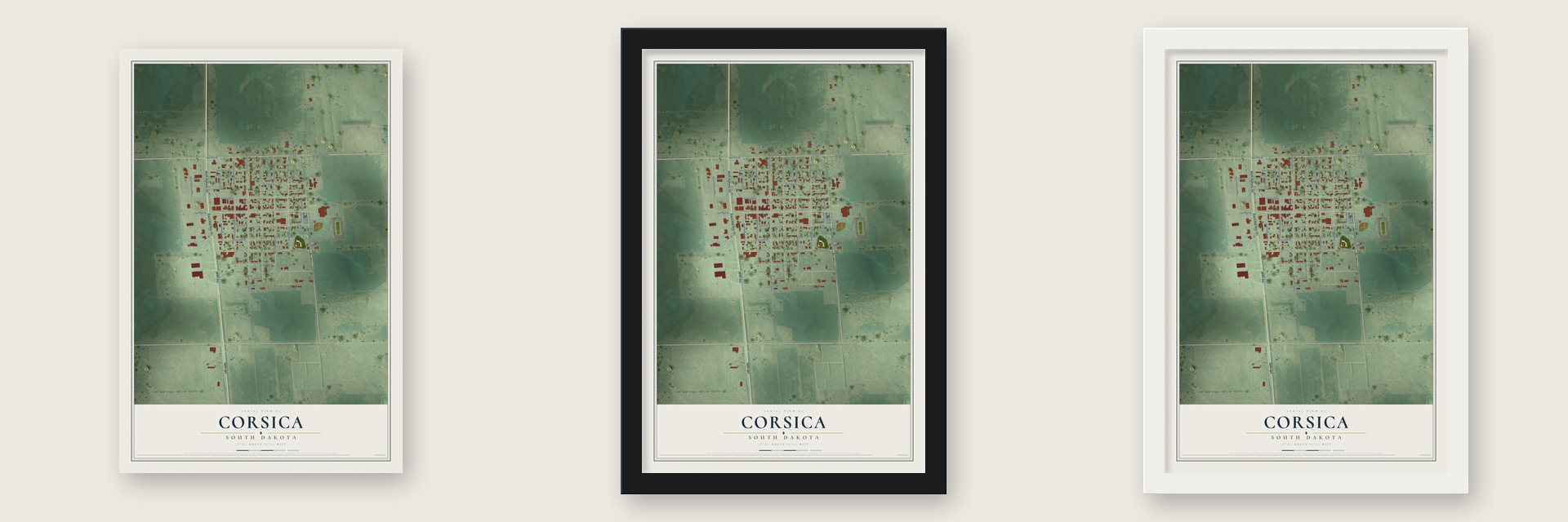 Corsica, South Dakota map unframed, in a black wood frame and in a white wood frame