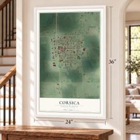 Corsica, South Dakota map, 24 x 36 inch print in a white frame by a staircase