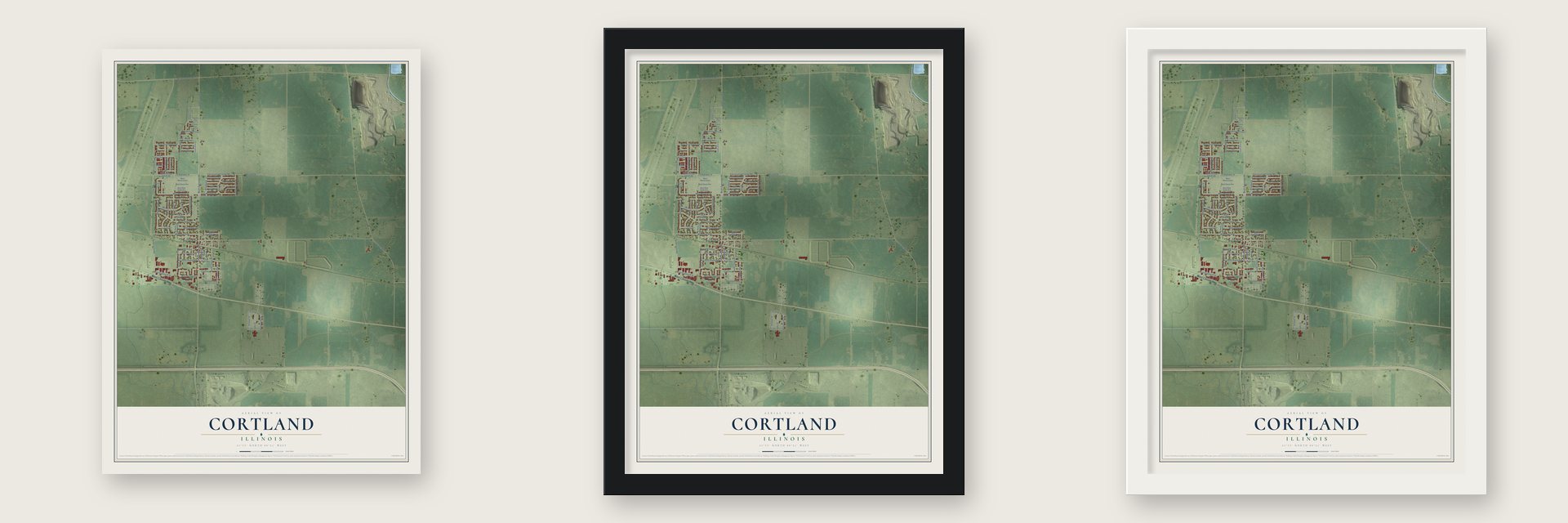 Cortland, Illinois map unframed, in a black wood frame and in a white wood frame