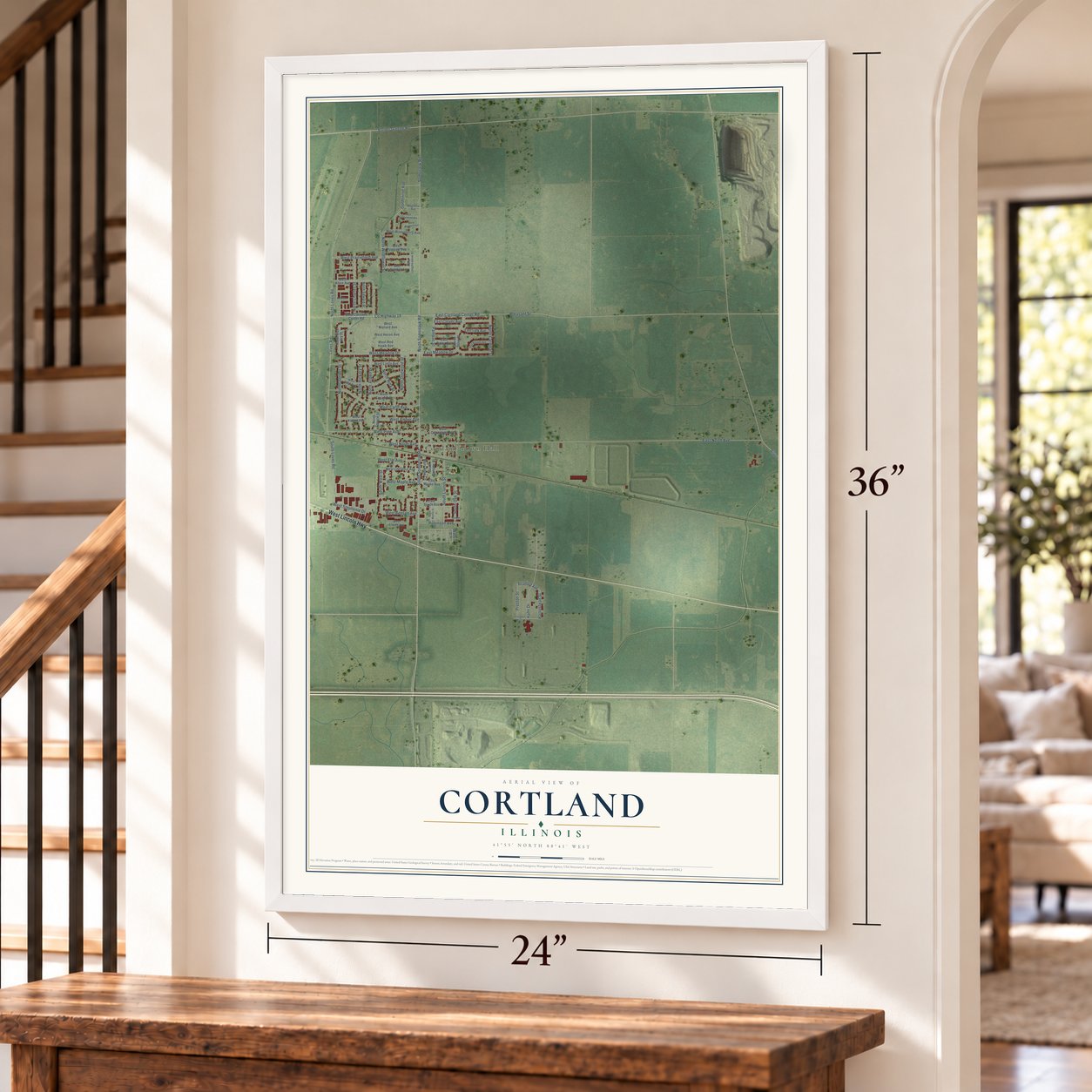 Cortland, Illinois map, 24 x 36 inch print in a white frame by a staircase