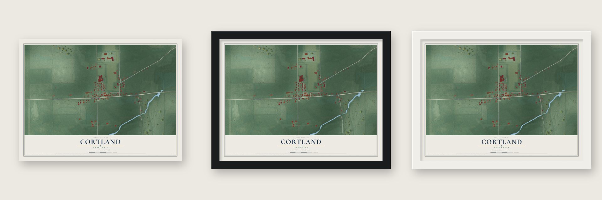 Cortland, Indiana map unframed, in a black wood frame and in a white wood frame