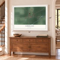 Cortland, Indiana map, 24 x 36 inch print in a white frame above a dresser by a staircase