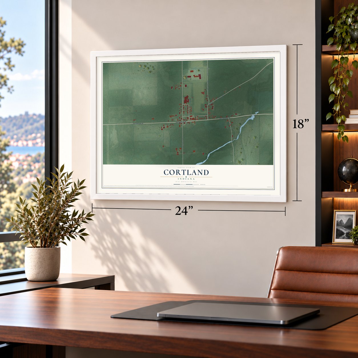 Cortland, Indiana map, 18 x 24 inch print in a white frame in a home office