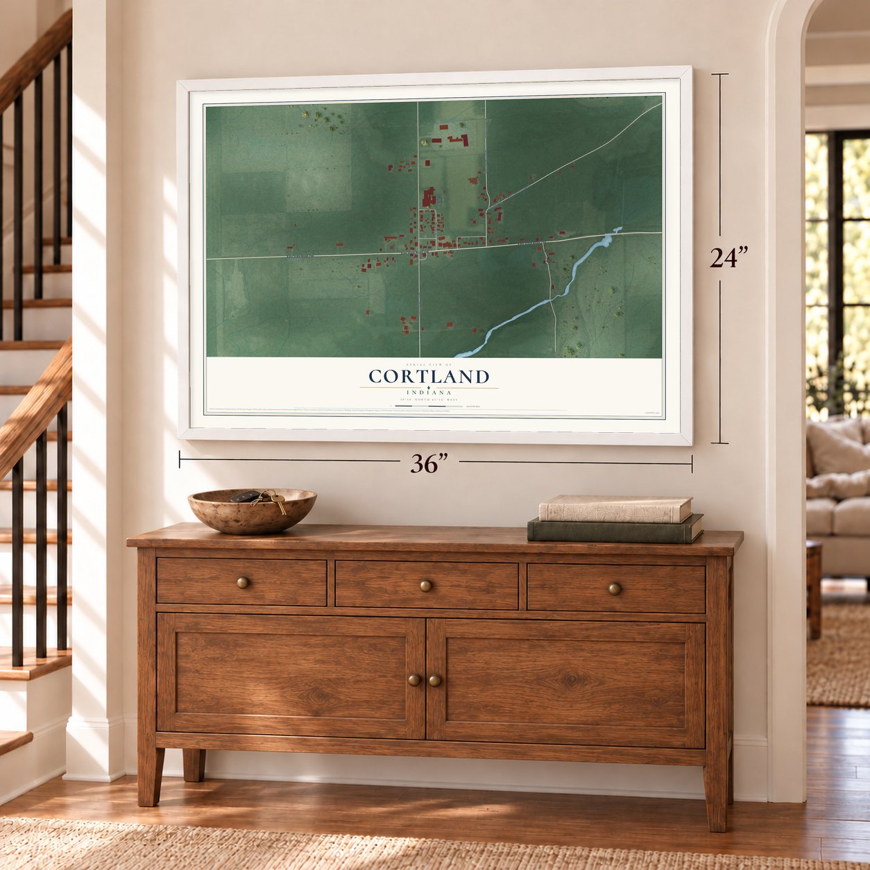 Cortland, Indiana map, 24 x 36 inch print in a white frame above a dresser by a staircase