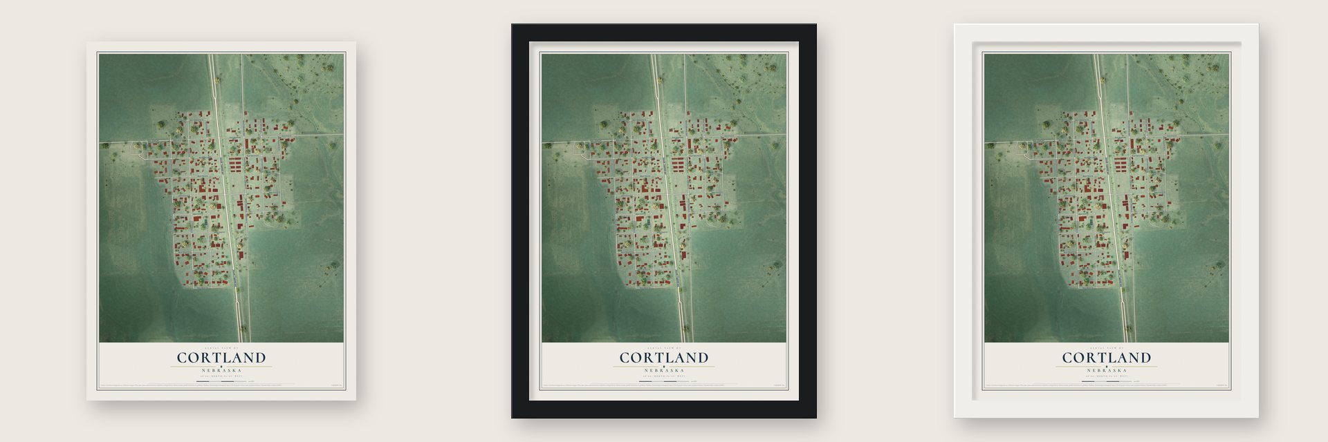 Cortland, Nebraska map unframed, in a black wood frame and in a white wood frame