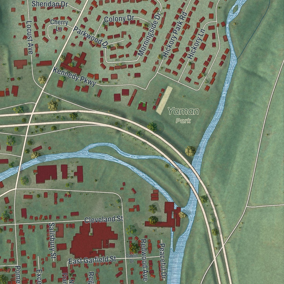 Second close-up of the map of Cortland, New York print showing more streets and buildings