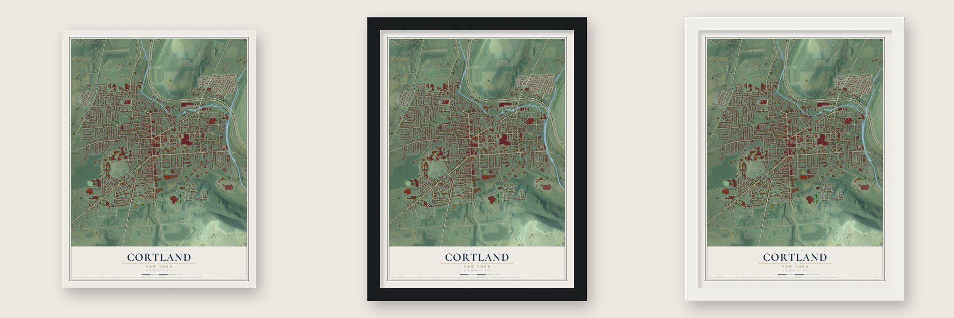 Cortland, New York map unframed, in a black wood frame and in a white wood frame