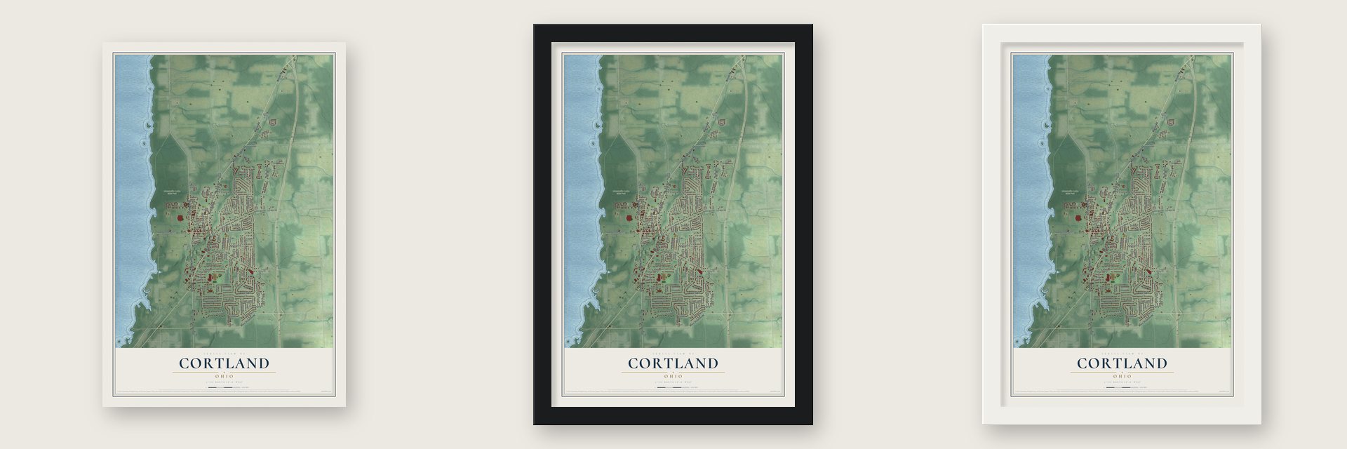 Cortland, Ohio map unframed, in a black wood frame and in a white wood frame