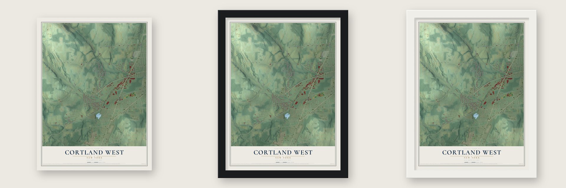 Cortland West, New York map unframed, in a black wood frame and in a white wood frame