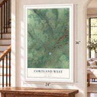 Cortland West, New York map, 24 x 36 inch print in a white frame by a staircase
