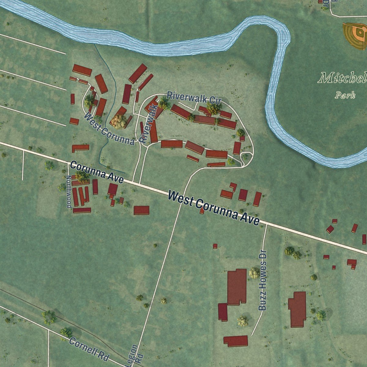 Second close-up of the map of Corunna, Michigan print showing more streets and buildings
