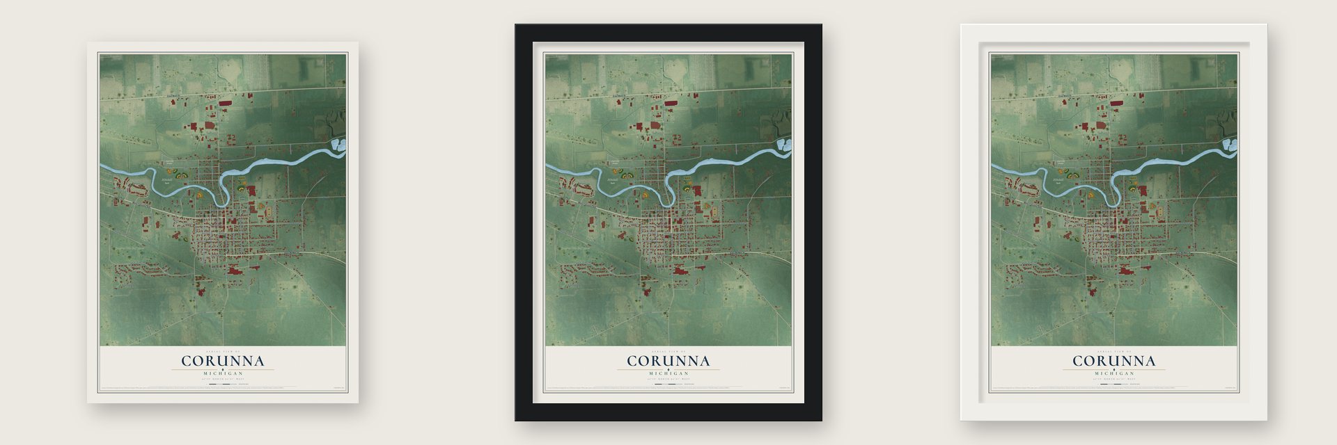 Corunna, Michigan map unframed, in a black wood frame and in a white wood frame
