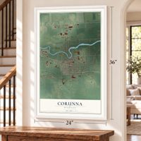 Corunna, Michigan map, 24 x 36 inch print in a white frame by a staircase
