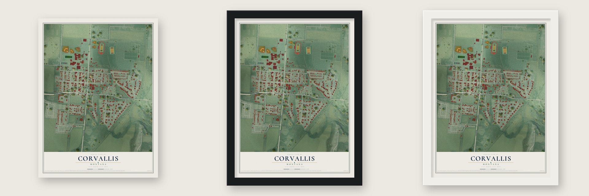 Corvallis, Montana map unframed, in a black wood frame and in a white wood frame