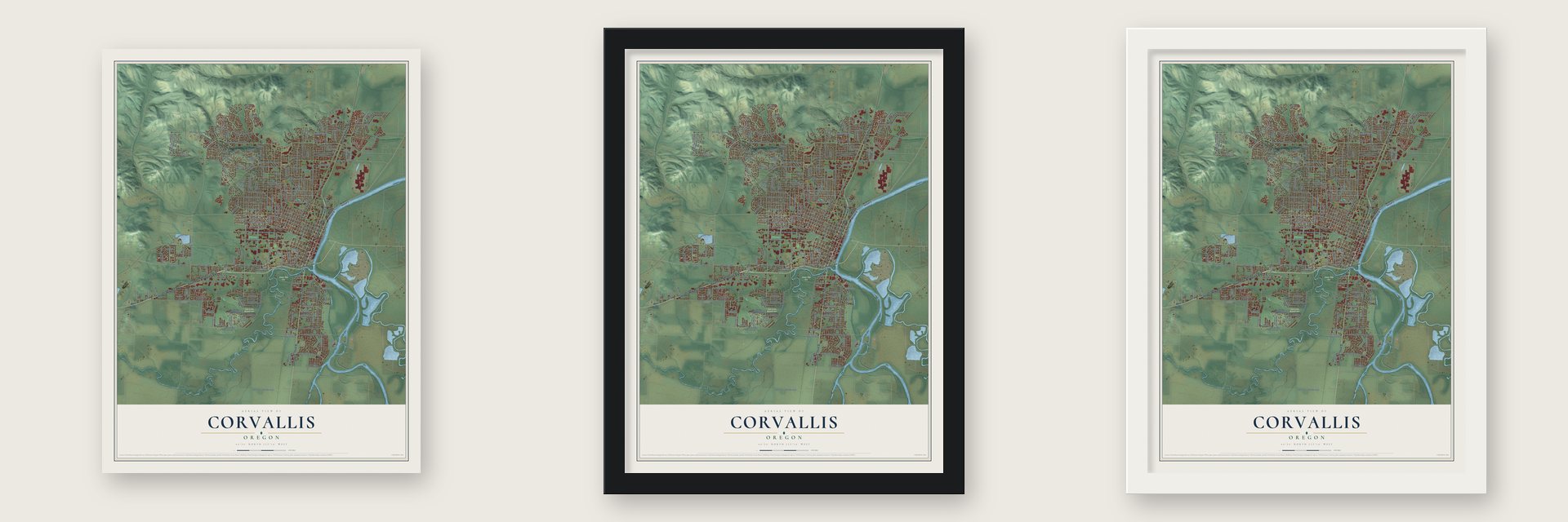 Corvallis, Oregon map unframed, in a black wood frame and in a white wood frame