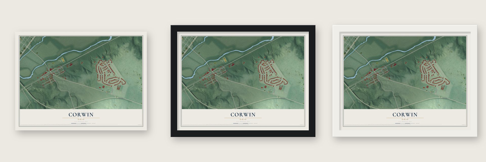 Corwin, Ohio map unframed, in a black wood frame and in a white wood frame