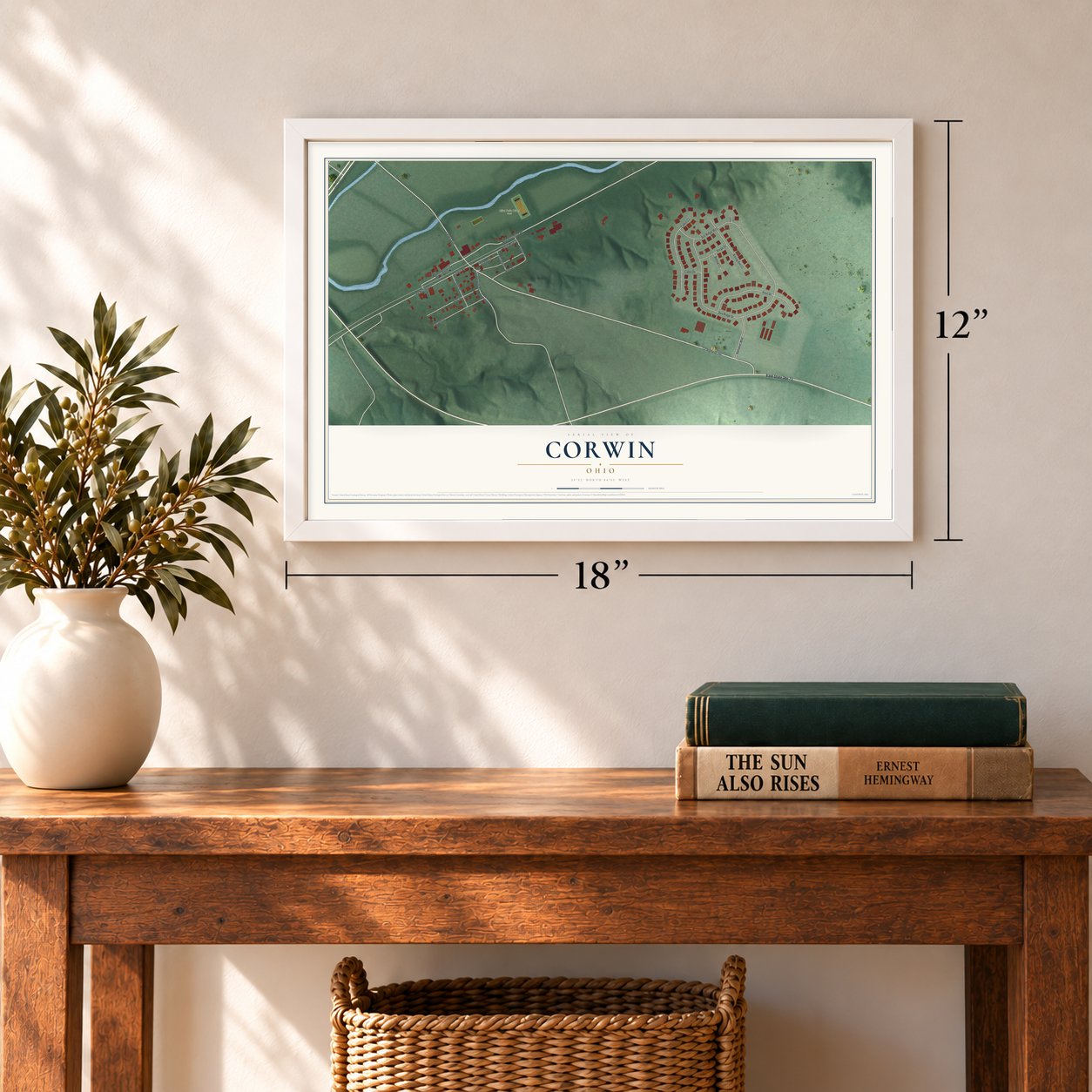 Corwin, Ohio map, 12 x 18 inch print in a white frame in an entryway