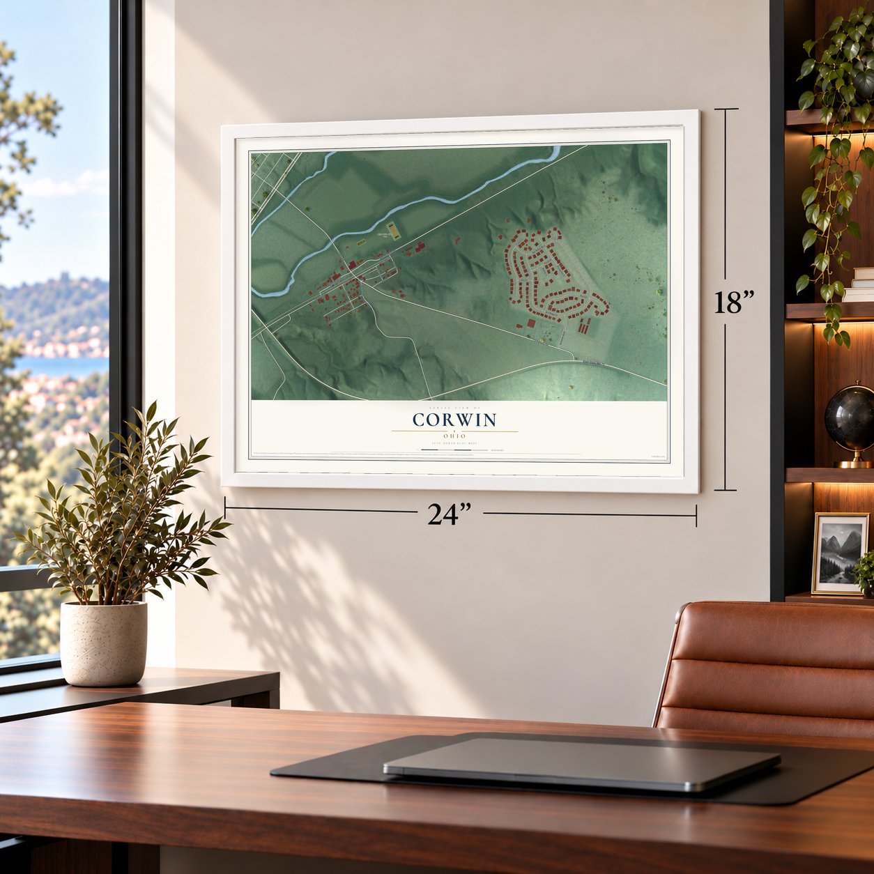 Corwin, Ohio map, 18 x 24 inch print in a white frame in a home office