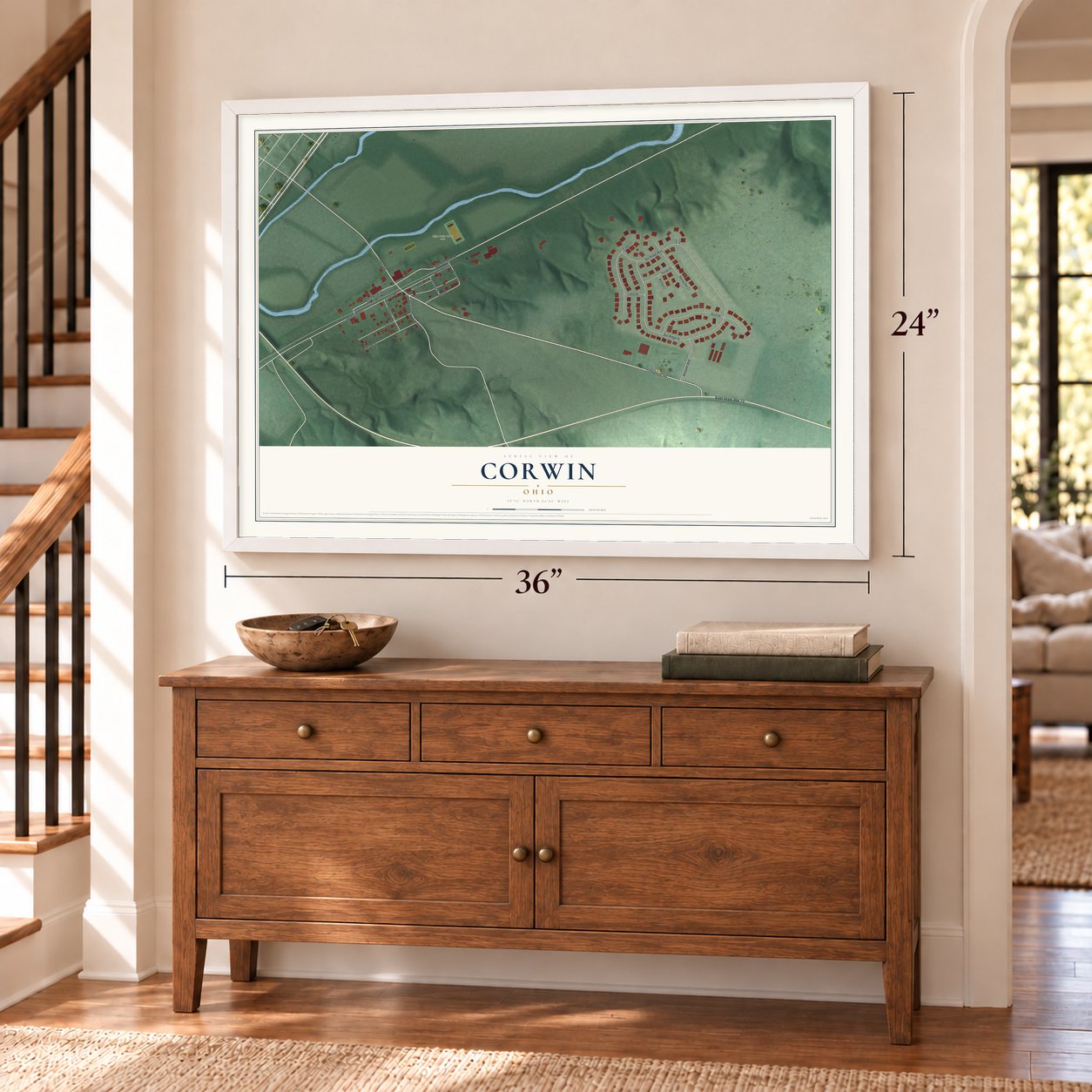 Corwin, Ohio map, 24 x 36 inch print in a white frame above a dresser by a staircase